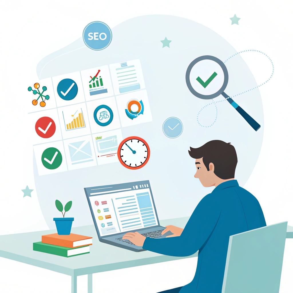 Illustration d’un audit SEO maison avec une personne analysant un site web sur un ordinateur portable, entourée d’icônes représentant des outils gratuits comme Google Search Console et PageSpeed Insights