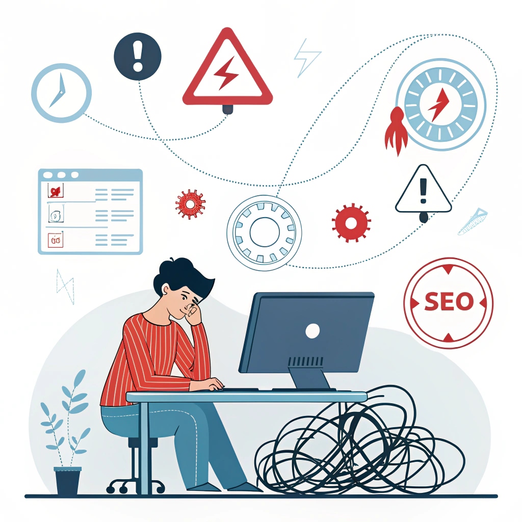 Illustration représentant un utilisateur frustré devant un tableau de bord WordPress rempli d'erreurs SEO techniques comme des liens cassés, un site lent et du contenu dupliqué