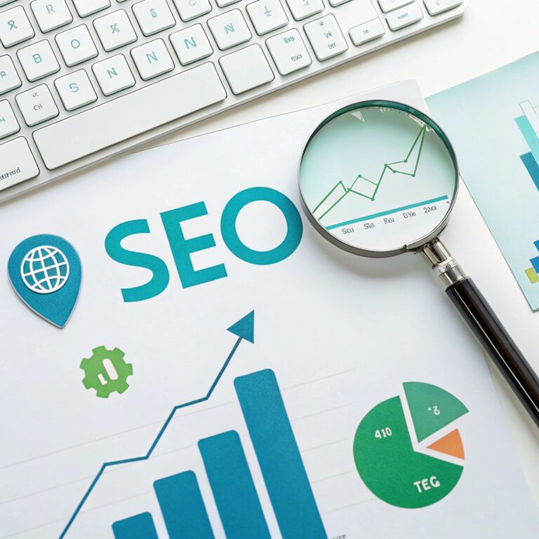 Illustration du concept SEO avec loupe, mots-clés et graphique de performance pour améliorer le référencement avec Google Search Console