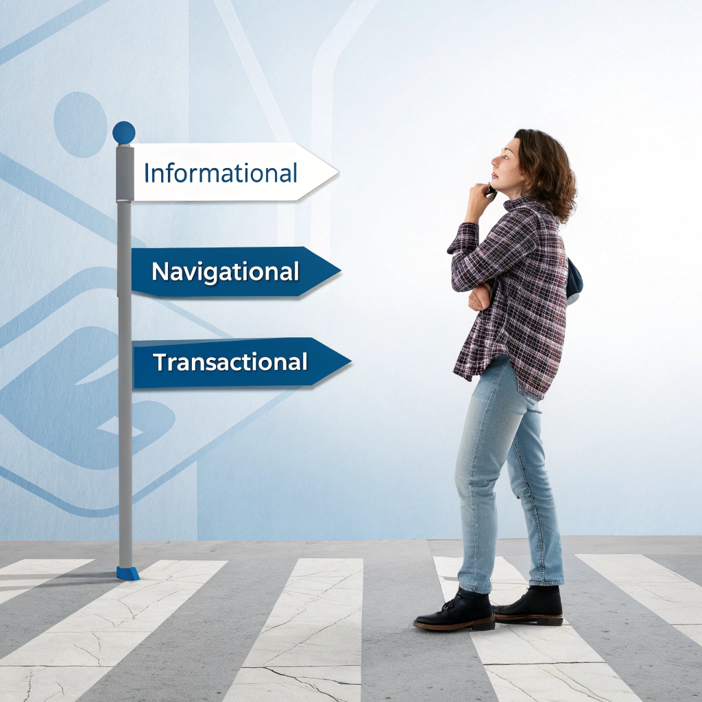 Illustration en 2D d'une personne à un carrefour avec des panneaux "Informational", "Navigational" et "Transactional", symbolisant l’intention de recherche en SEO.