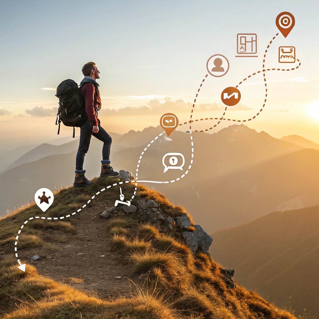 Illustration d'une personne au sommet d'une montagne contemplant un parcours de contenus symbolisé par des icônes de blog, réseaux sociaux et SEO, représentant l’accomplissement d’un défi de publication quotidienne.