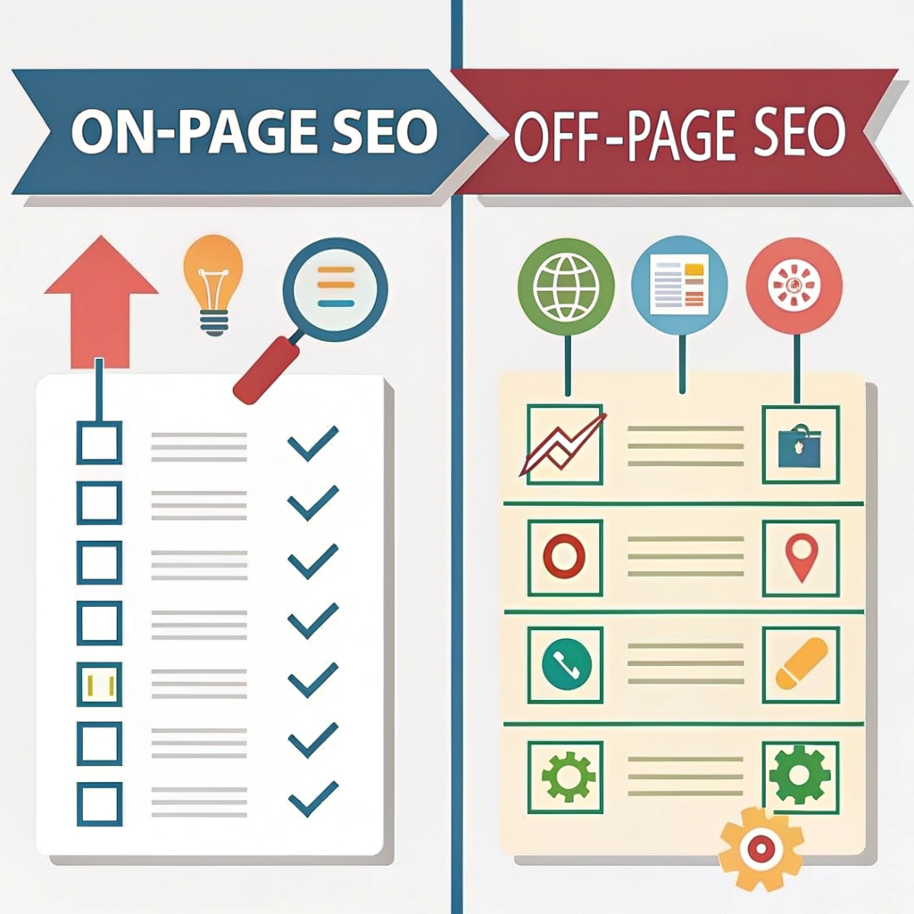 Comparaison entre SEO on-page et SEO off-page avec flèches et icônes explicatives