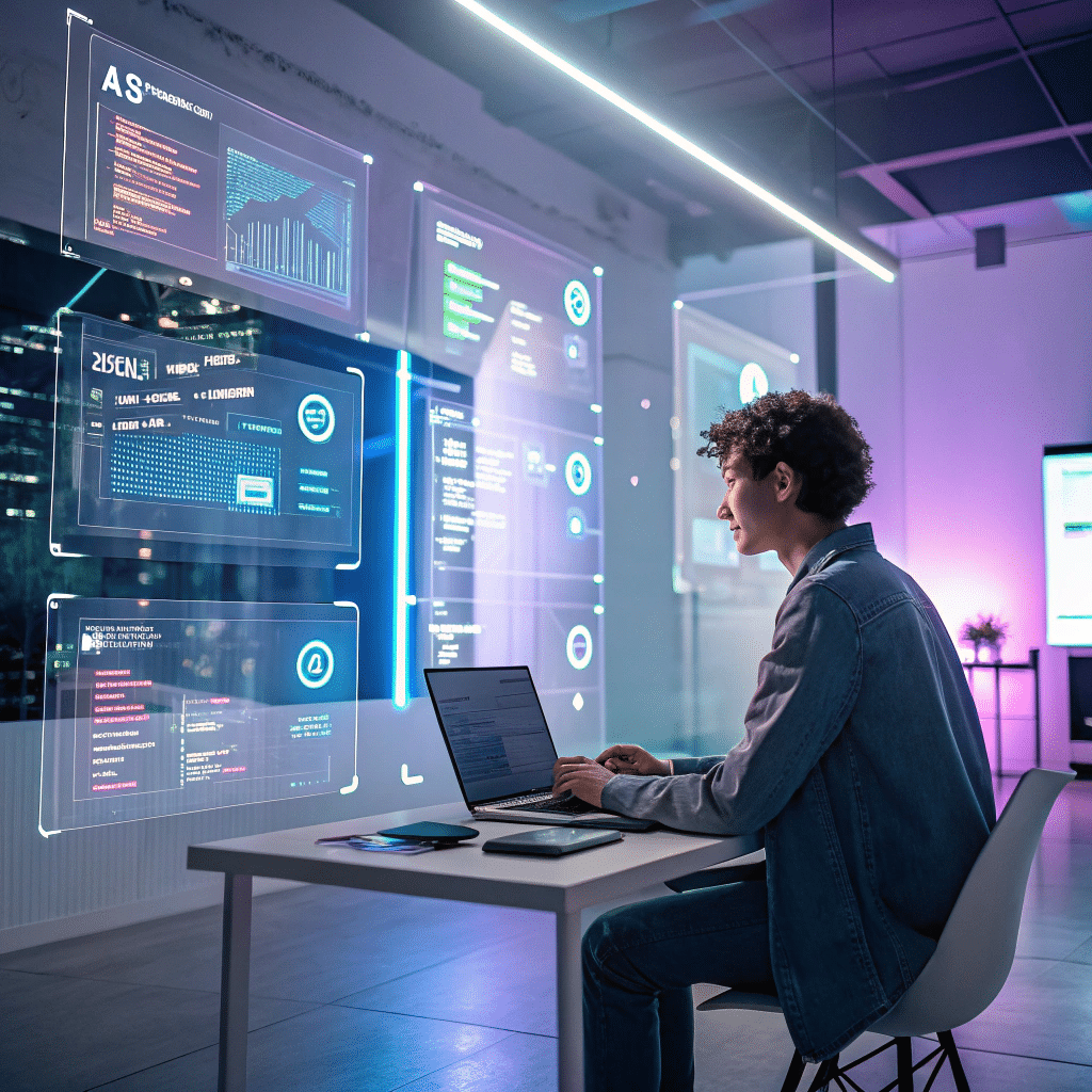 Illustration des technologies essentielles pour développer un business en ligne : intelligence artificielle, recherche vocale, blockchain, chatbots et réalité augmentée.